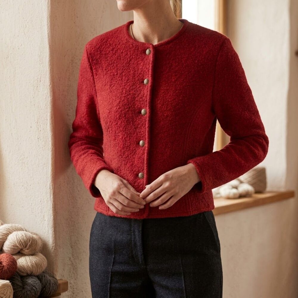 Vintage Talbots Red 100% Boiled Wool Trachten Cardigan Jacket Size 14